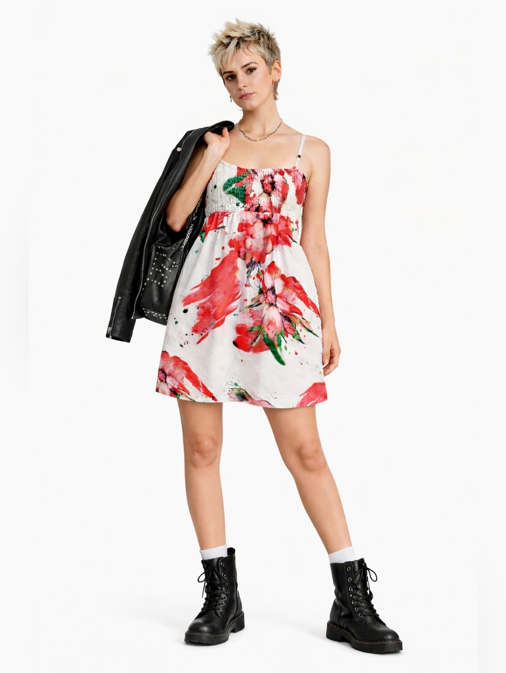 Johnny Martin Cotton White Mini Dress with Red & Green Floral Print Size Medium